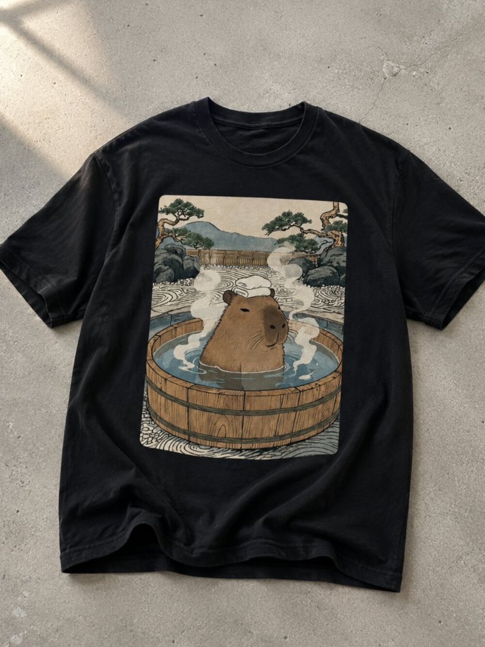 Japanese Onsen Capybara Graphic T-Shirt Black Cotton Tee